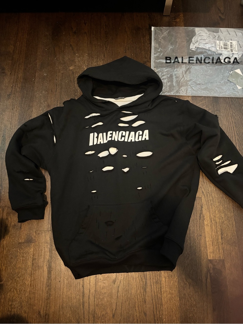 Balenciaga Black Distressed Logo Pullover Hoodie